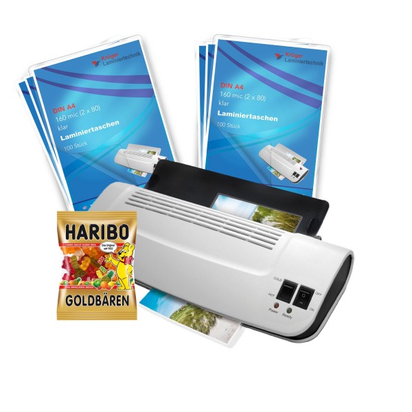 Krüger Einsteigerset - Krüger 220 + 200 Laminierfolien A4 + Haribo Goldbären Krüger Einsteigerset - Krüger 220 + 200 Laminierfolien A4 + Haribo Goldbären